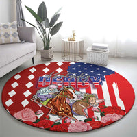 Kentucky Horses Racing Round Carpet US Flag Grunge and Diamond Pattern Red Color