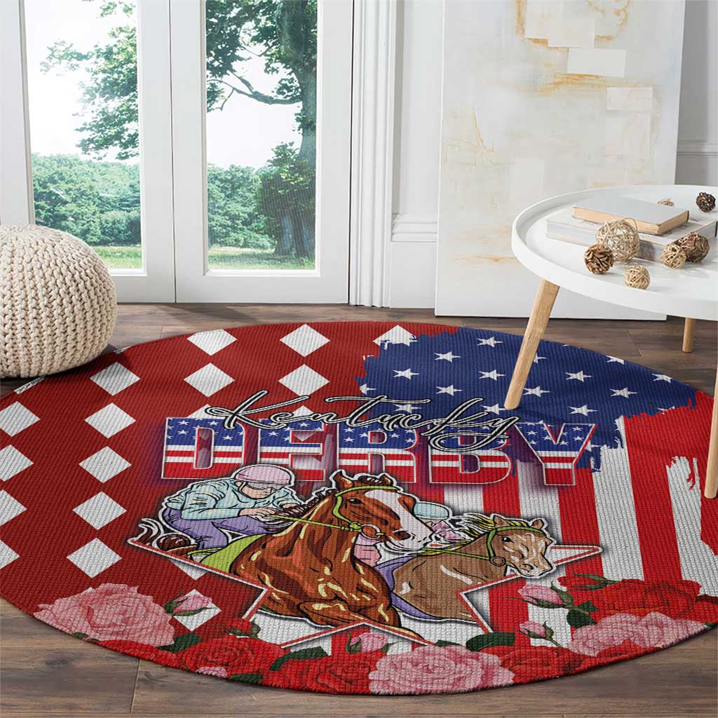 Kentucky Horses Racing Round Carpet US Flag Grunge and Diamond Pattern Red Color