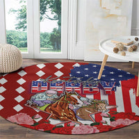 Kentucky Horses Racing Round Carpet US Flag Grunge and Diamond Pattern Red Color
