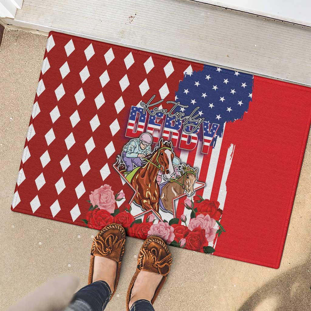 Kentucky Horses Racing Rubber Doormat US Flag Grunge and Diamond Pattern Red Color