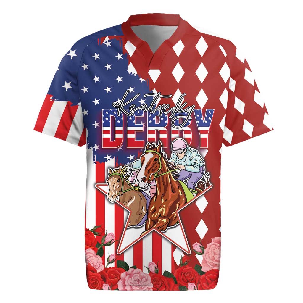Kentucky Horses Racing Rugby Jersey US Flag Grunge and Diamond Pattern Red Color