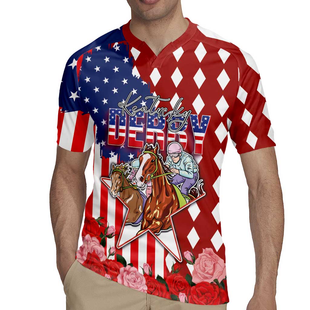 Kentucky Horses Racing Rugby Jersey US Flag Grunge and Diamond Pattern Red Color
