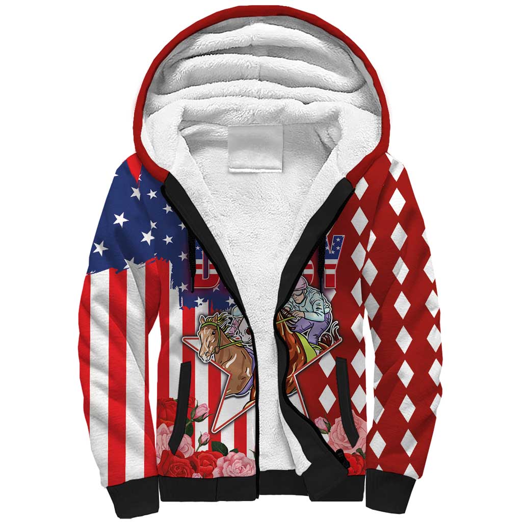 Kentucky Horses Racing Sherpa Hoodie US Flag Grunge and Diamond Pattern Red Color