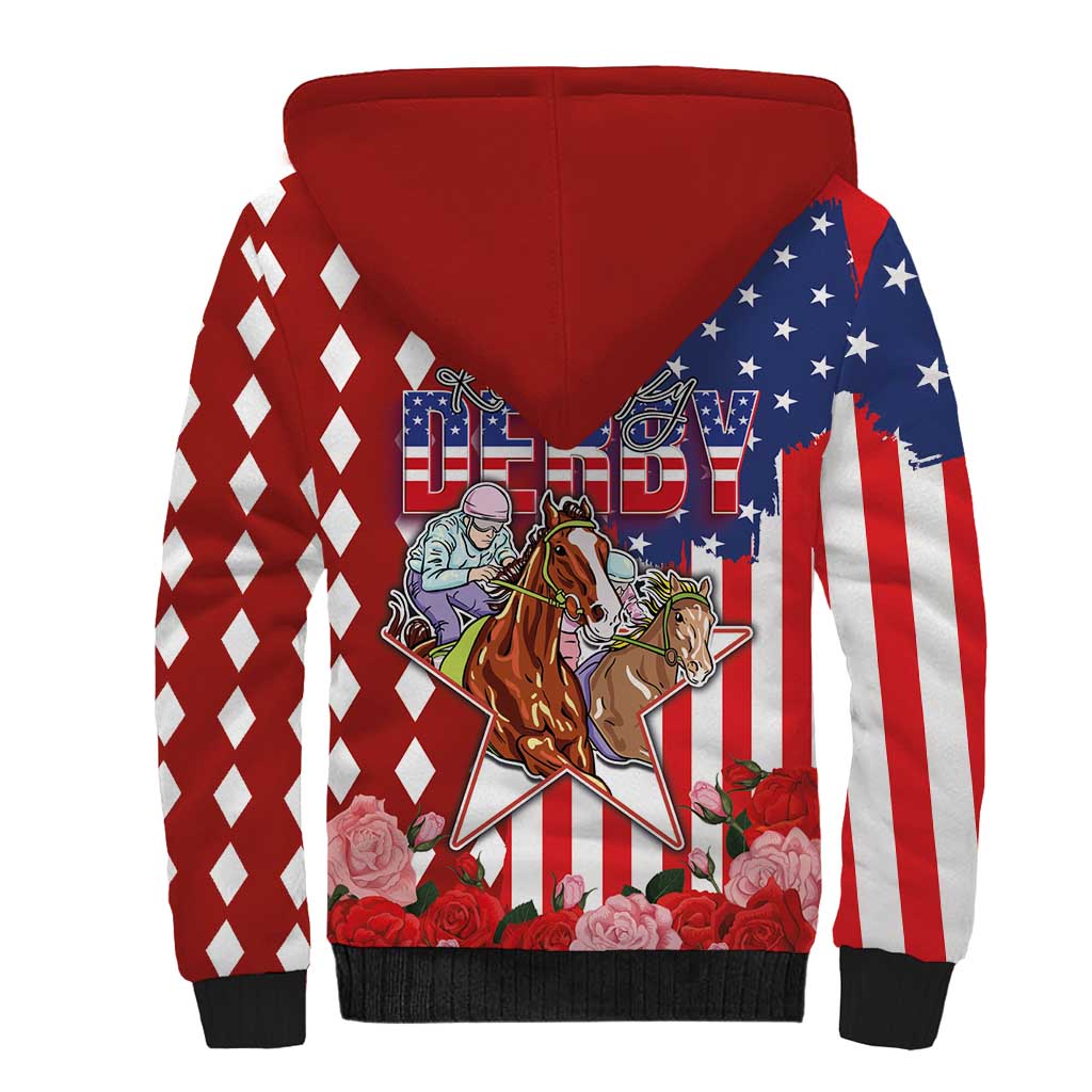 Kentucky Horses Racing Sherpa Hoodie US Flag Grunge and Diamond Pattern Red Color