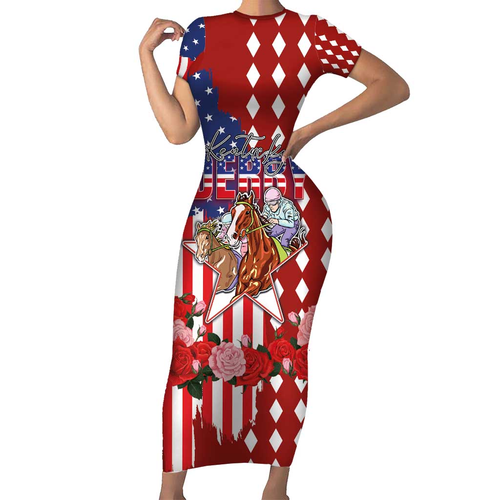 Kentucky Horses Racing Short Sleeve Bodycon Dress US Flag Grunge and Diamond Pattern Red Color