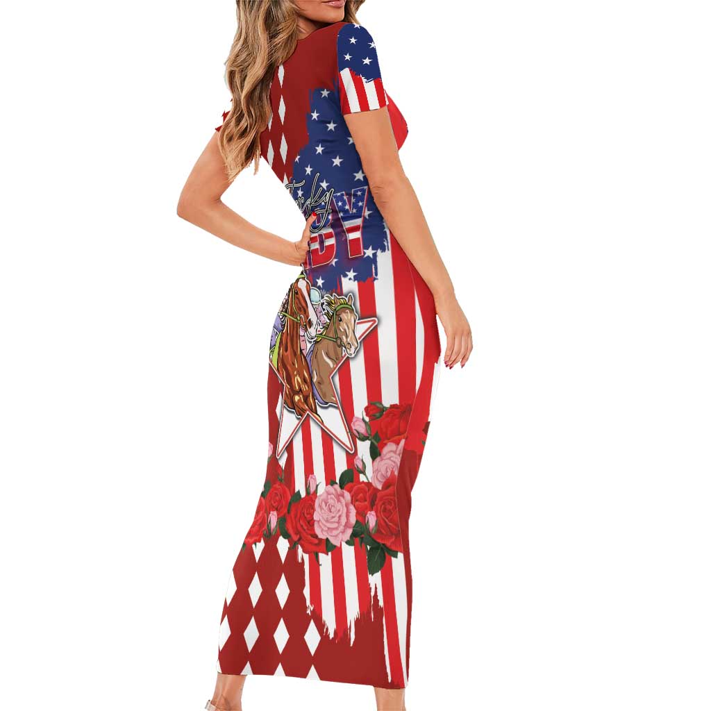 Kentucky Horses Racing Short Sleeve Bodycon Dress US Flag Grunge and Diamond Pattern Red Color