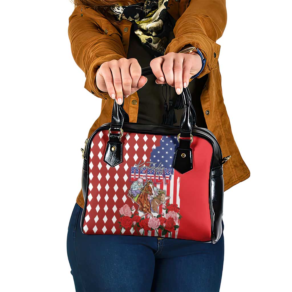 Kentucky Horses Racing Shoulder Handbag US Flag Grunge and Diamond Pattern Red Color