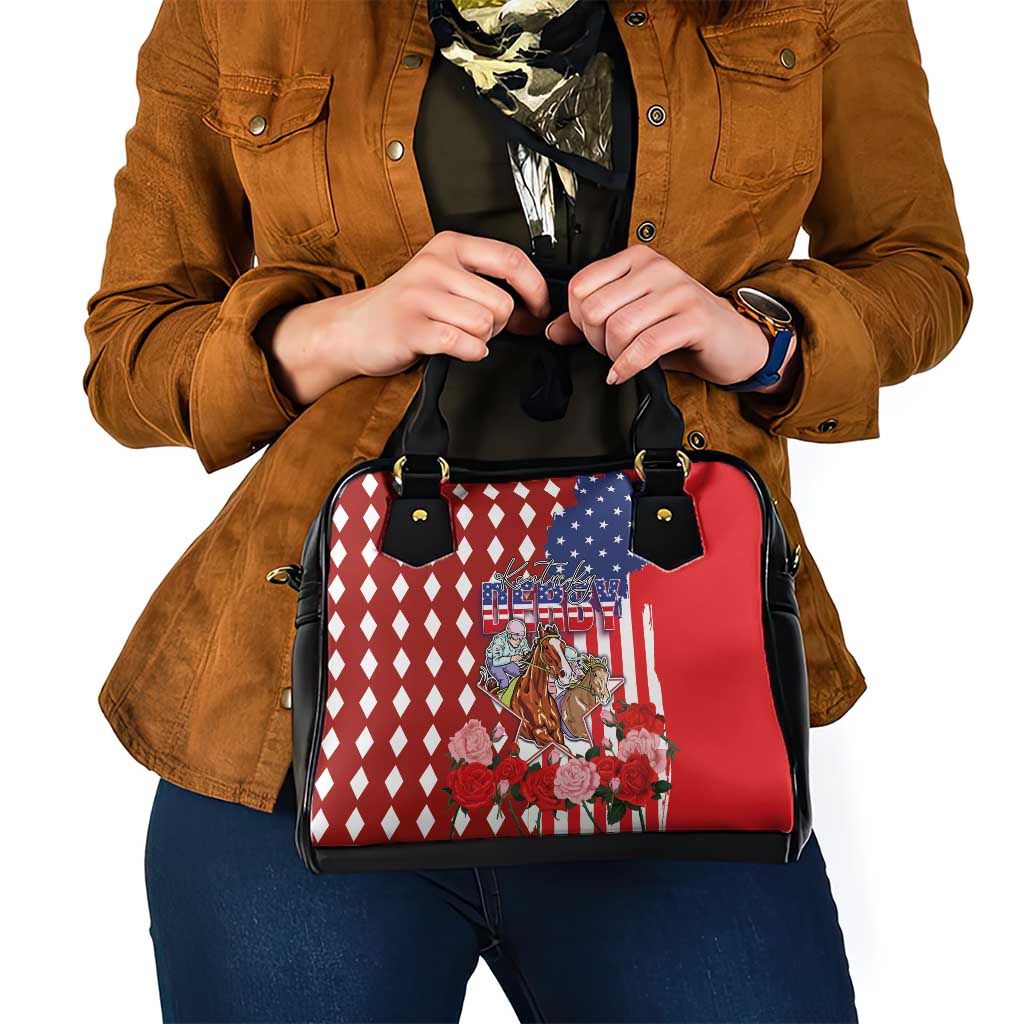 Kentucky Horses Racing Shoulder Handbag US Flag Grunge and Diamond Pattern Red Color
