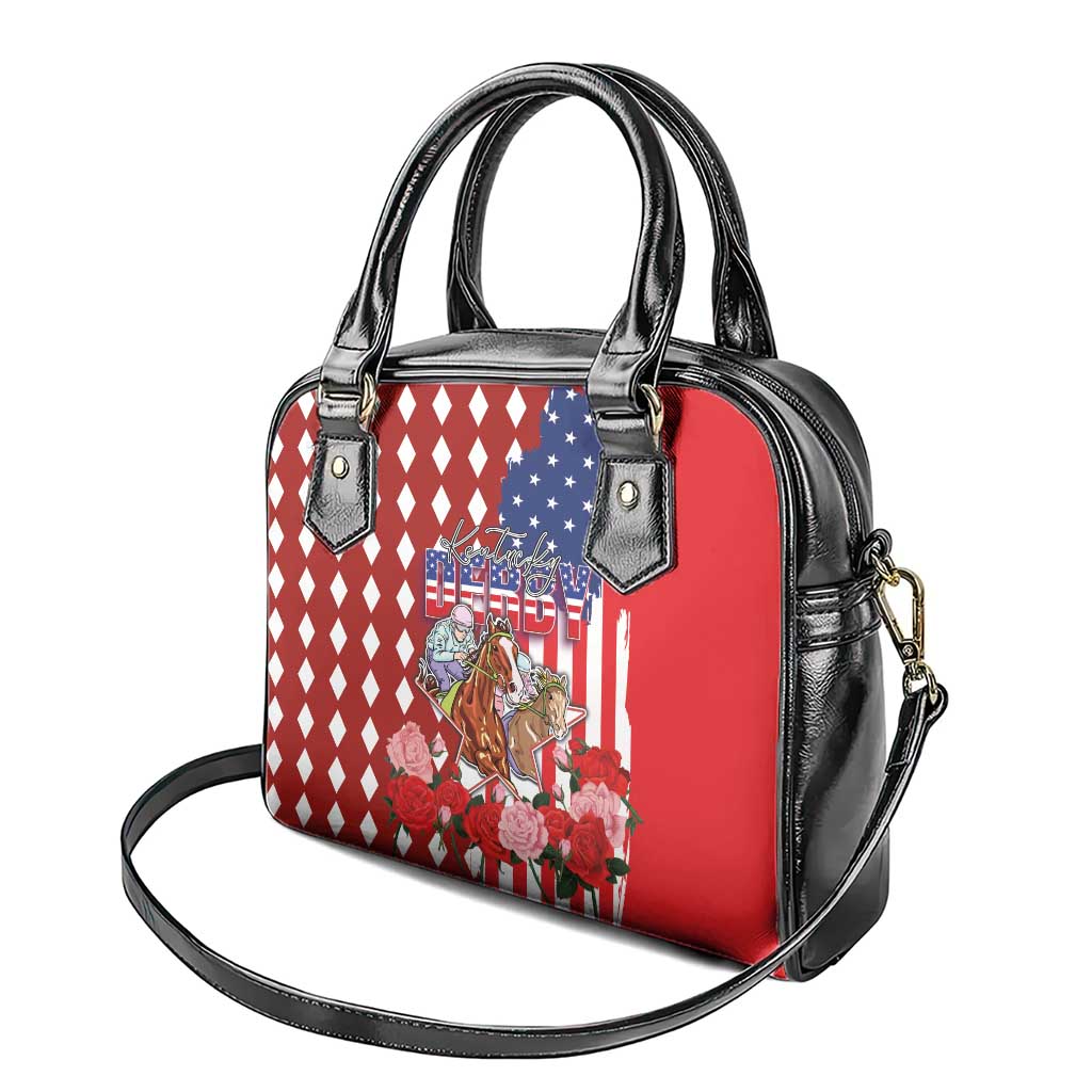 Kentucky Horses Racing Shoulder Handbag US Flag Grunge and Diamond Pattern Red Color