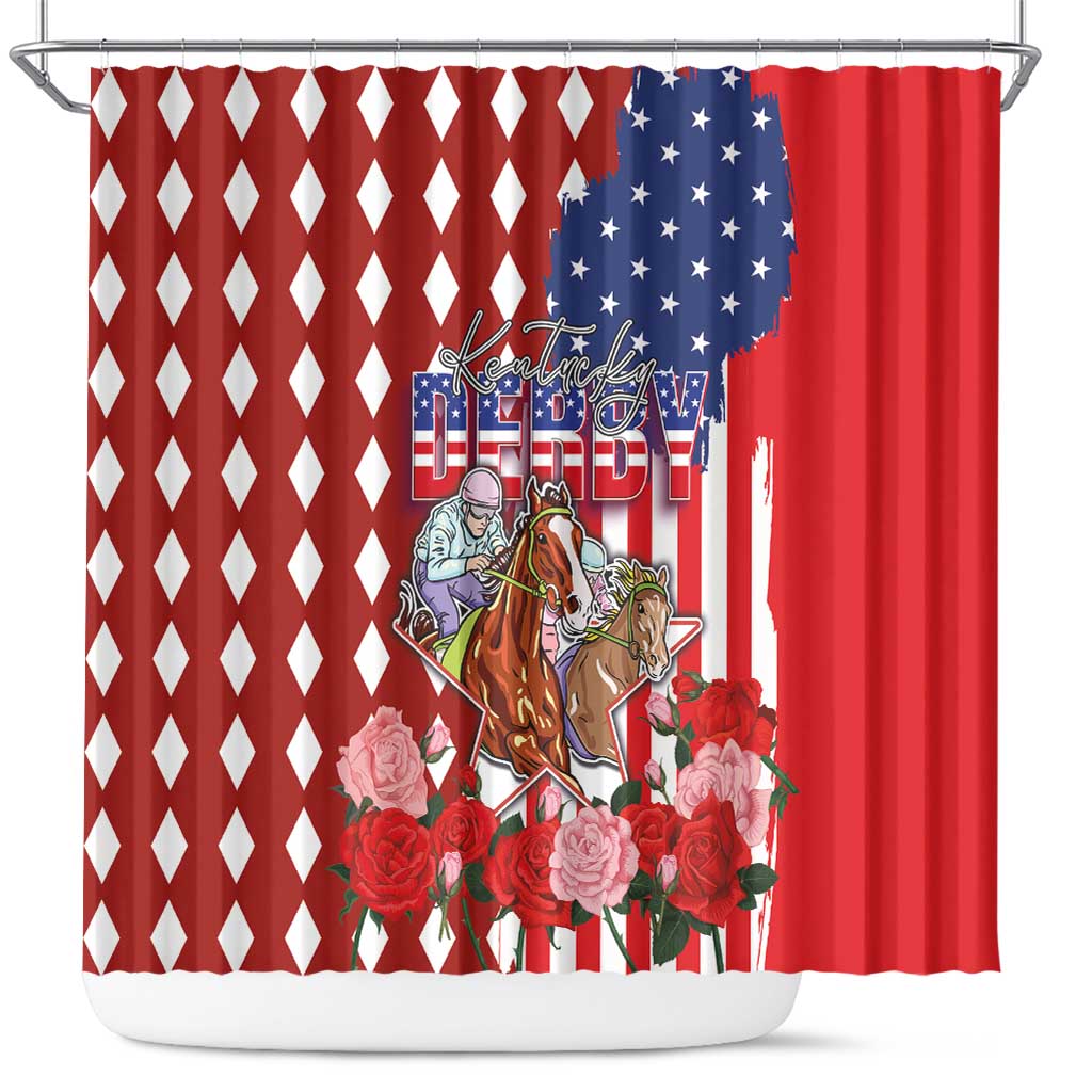 Kentucky Horses Racing Shower Curtain US Flag Grunge and Diamond Pattern Red Color