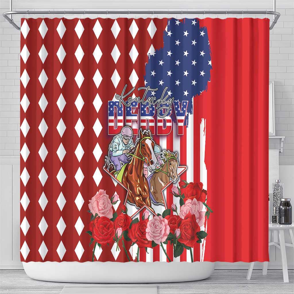Kentucky Horses Racing Shower Curtain US Flag Grunge and Diamond Pattern Red Color