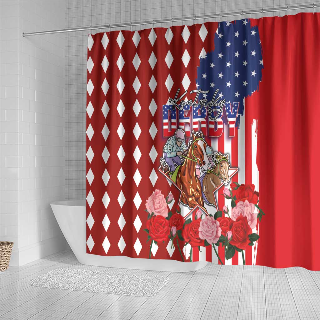 Kentucky Horses Racing Shower Curtain US Flag Grunge and Diamond Pattern Red Color