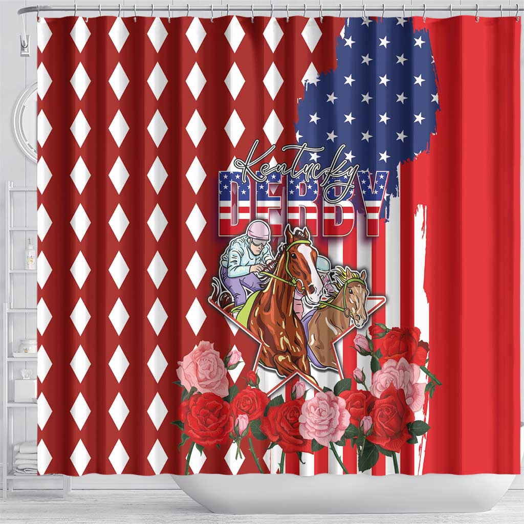 Kentucky Horses Racing Shower Curtain US Flag Grunge and Diamond Pattern Red Color