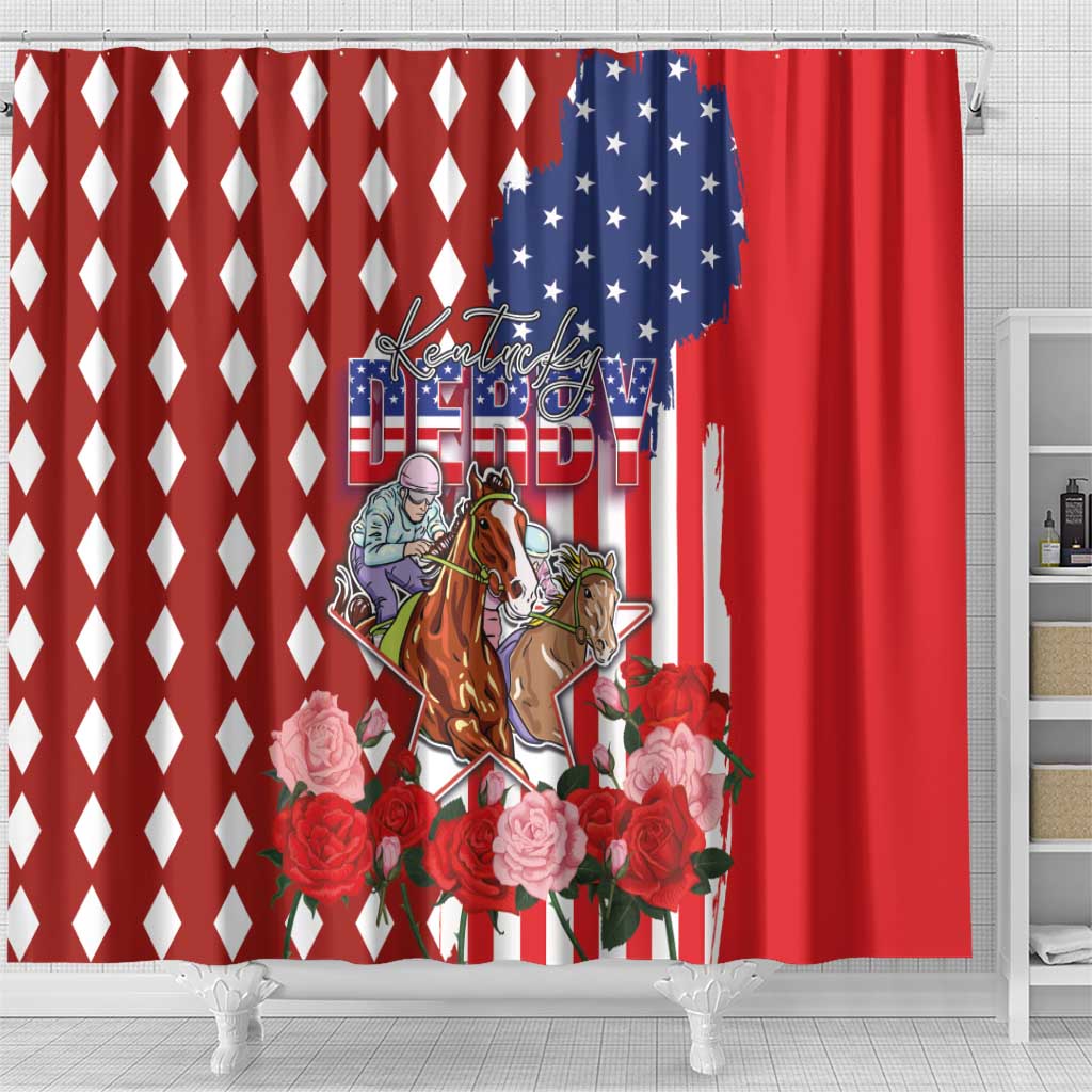 Kentucky Horses Racing Shower Curtain US Flag Grunge and Diamond Pattern Red Color
