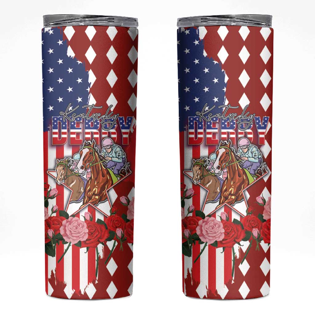 Kentucky Horses Racing Skinny Tumbler US Flag Grunge and Diamond Pattern Red Color
