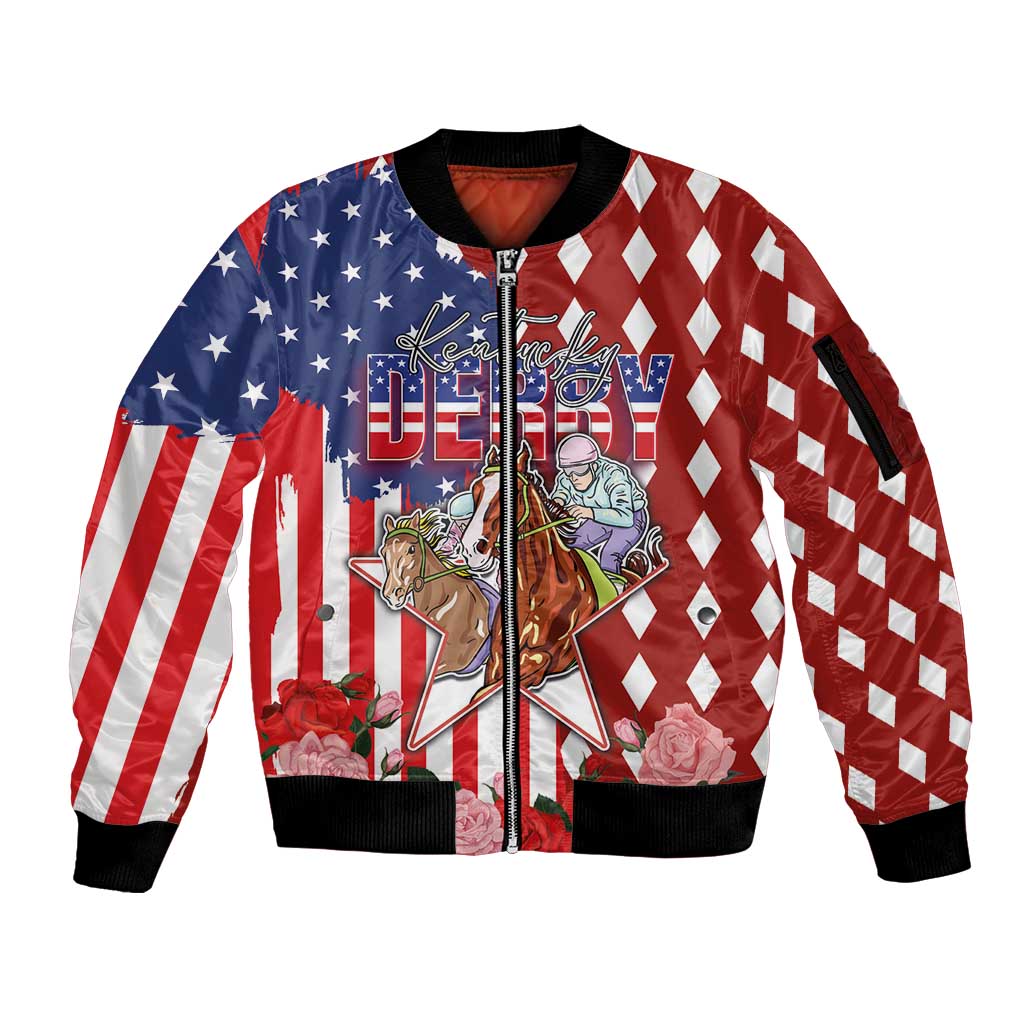 Kentucky Horses Racing Sleeve Zip Bomber Jacket US Flag Grunge and Diamond Pattern Red Color