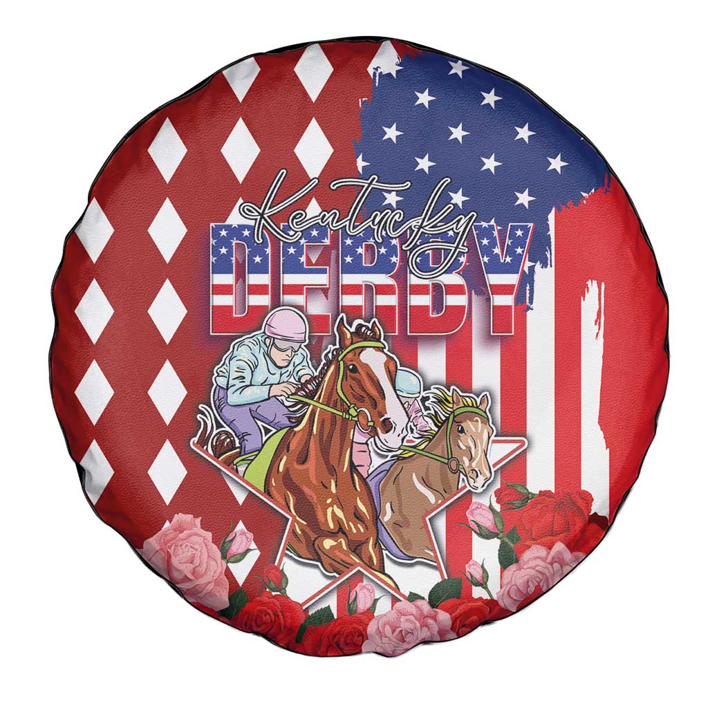 Kentucky Horses Racing Spare Tire Cover US Flag Grunge and Diamond Pattern Red Color