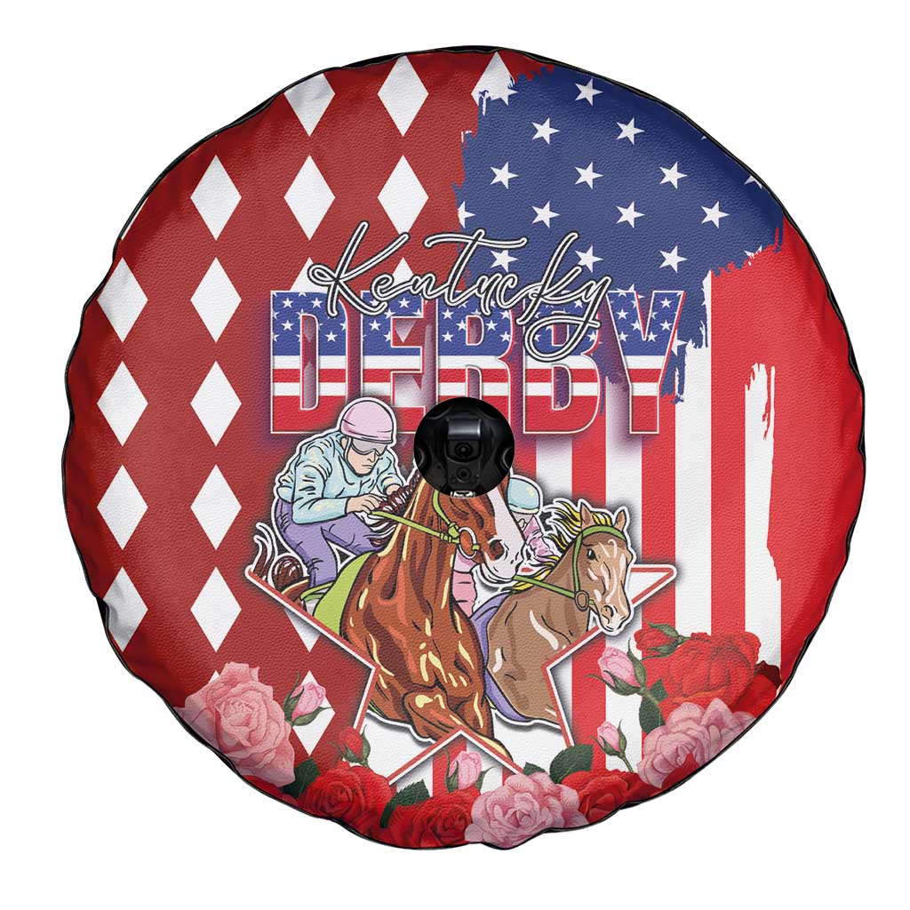 Kentucky Horses Racing Spare Tire Cover US Flag Grunge and Diamond Pattern Red Color