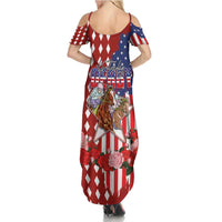 Kentucky Horses Racing Summer Maxi Dress US Flag Grunge and Diamond Pattern Red Color
