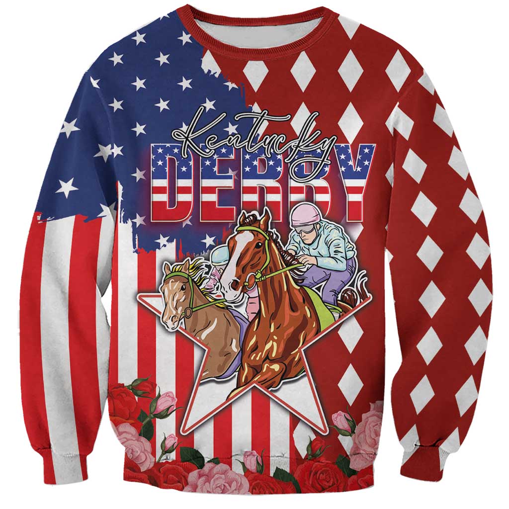 Kentucky Horses Racing Sweatshirt US Flag Grunge and Diamond Pattern Red Color