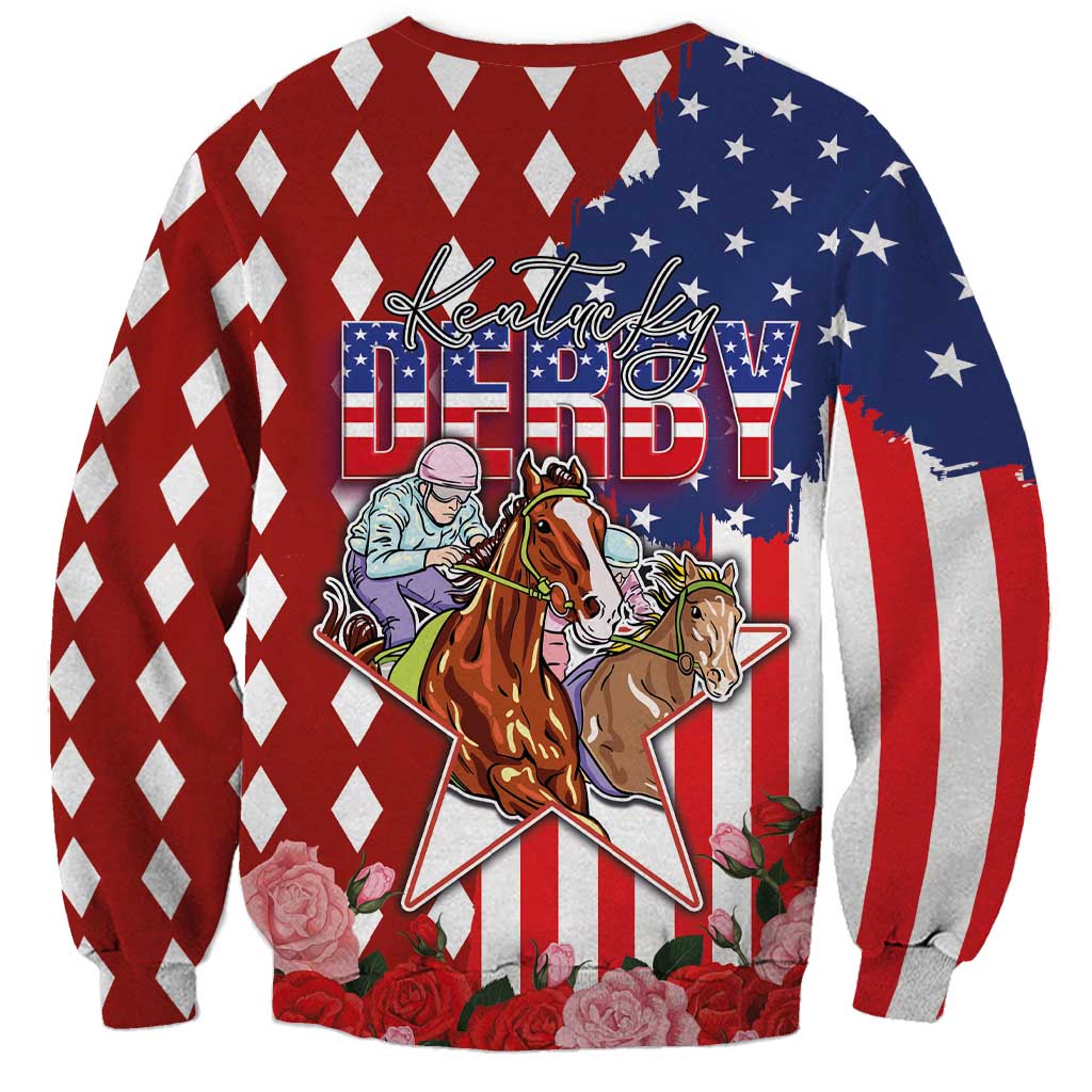 Kentucky Horses Racing Sweatshirt US Flag Grunge and Diamond Pattern Red Color