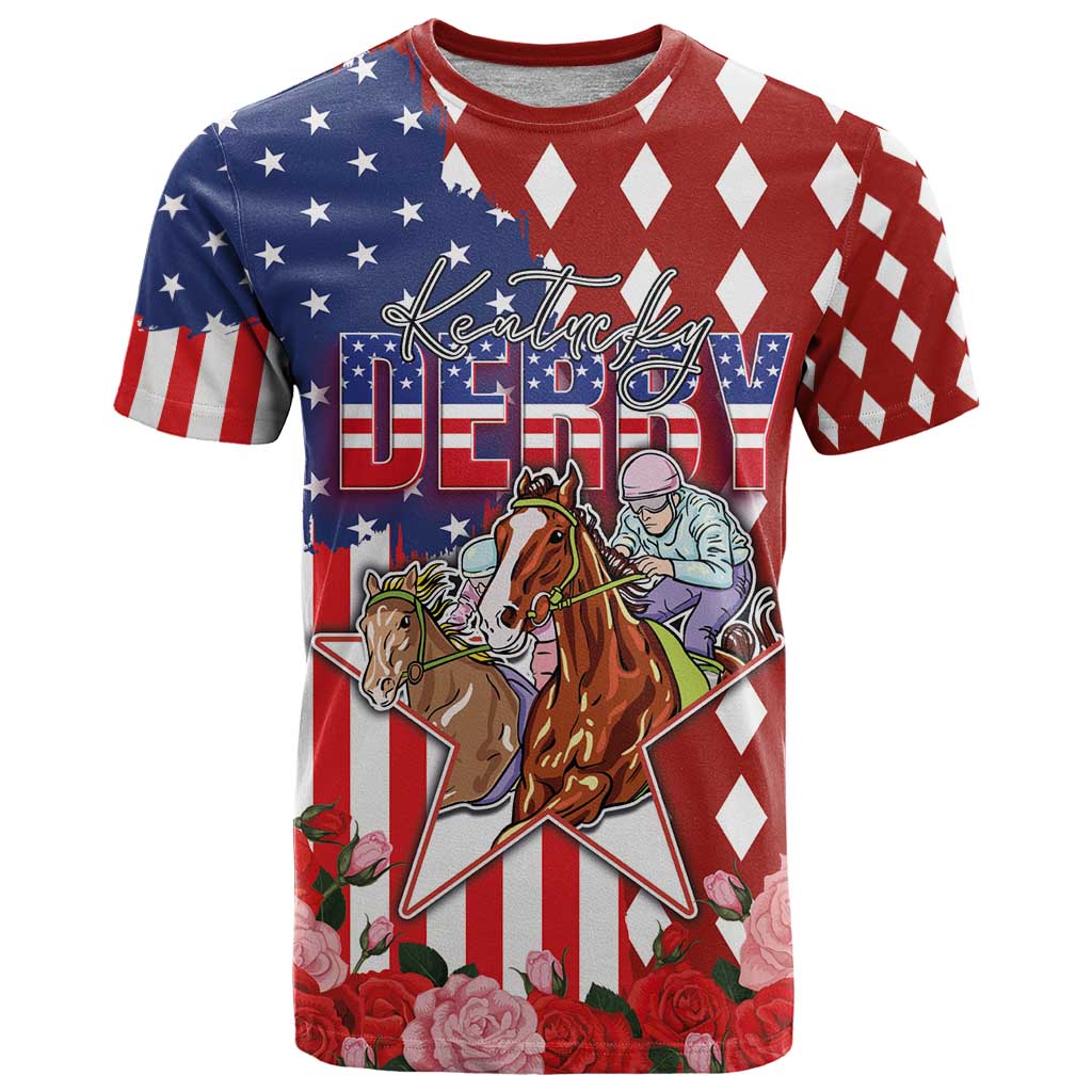 Kentucky Horses Racing T Shirt US Flag Grunge and Diamond Pattern Red Color