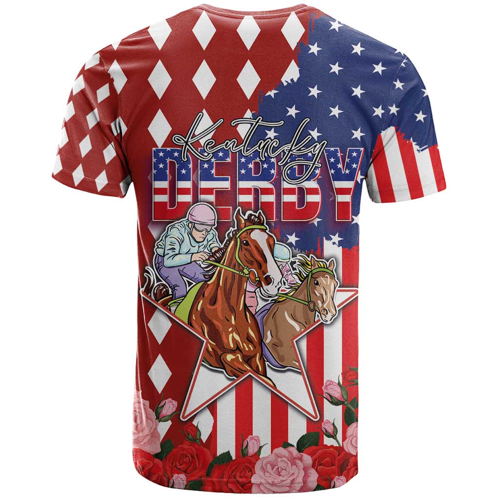 Kentucky Horses Racing T Shirt US Flag Grunge and Diamond Pattern Red Color