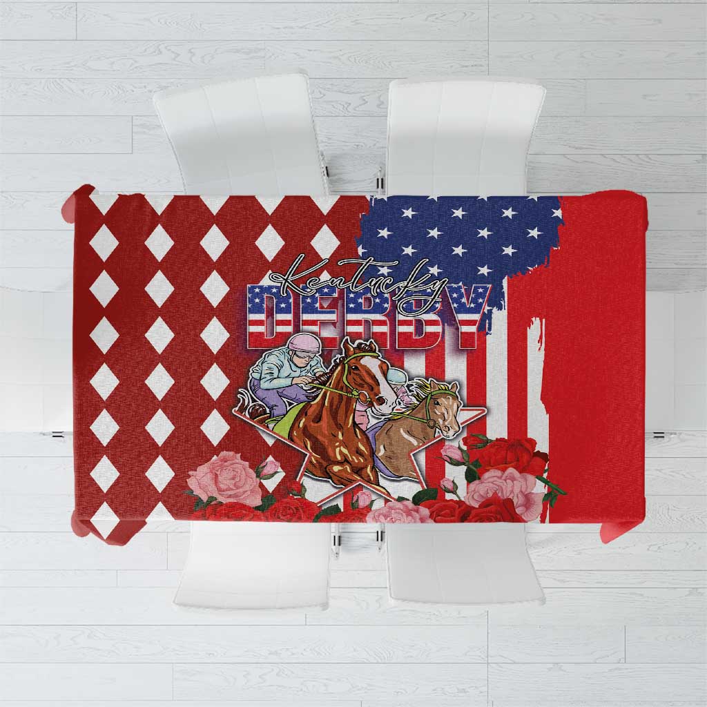 Kentucky Horses Racing Tablecloth US Flag Grunge and Diamond Pattern Red Color