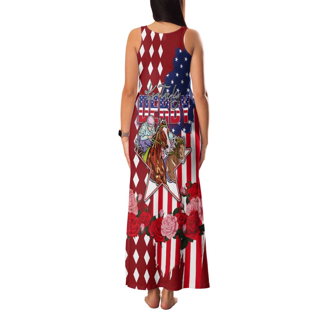 Kentucky Horses Racing Tank Maxi Dress US Flag Grunge and Diamond Pattern Red Color