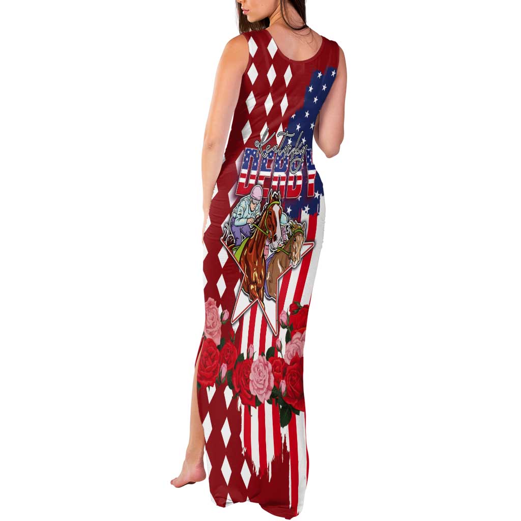 Kentucky Horses Racing Tank Maxi Dress US Flag Grunge and Diamond Pattern Red Color