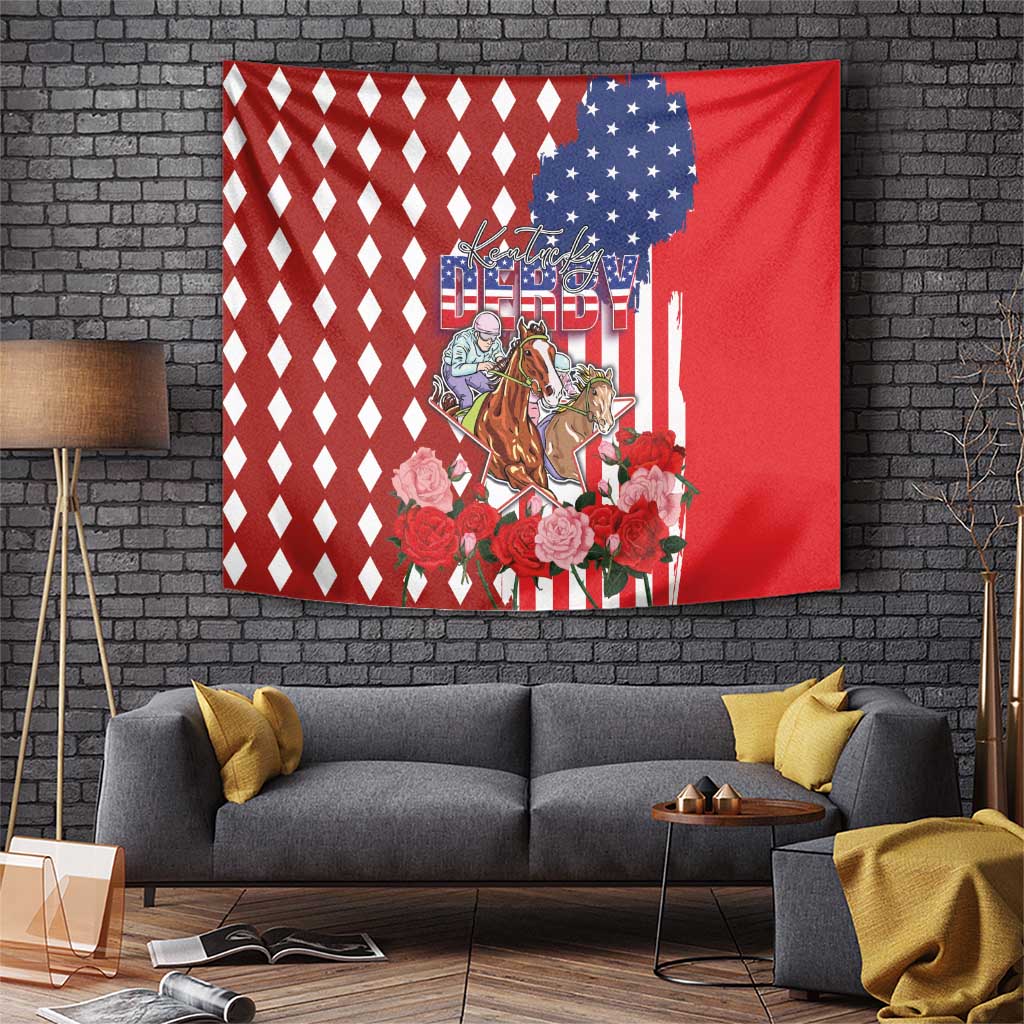 Kentucky Horses Racing Tapestry US Flag Grunge and Diamond Pattern Red Color