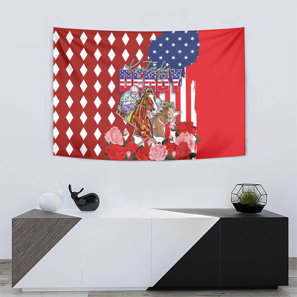 Kentucky Horses Racing Tapestry US Flag Grunge and Diamond Pattern Red Color