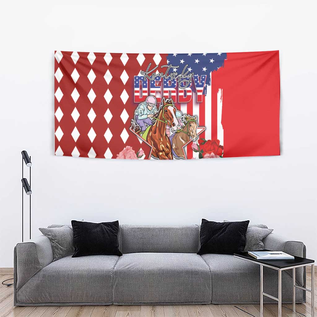 Kentucky Horses Racing Tapestry US Flag Grunge and Diamond Pattern Red Color