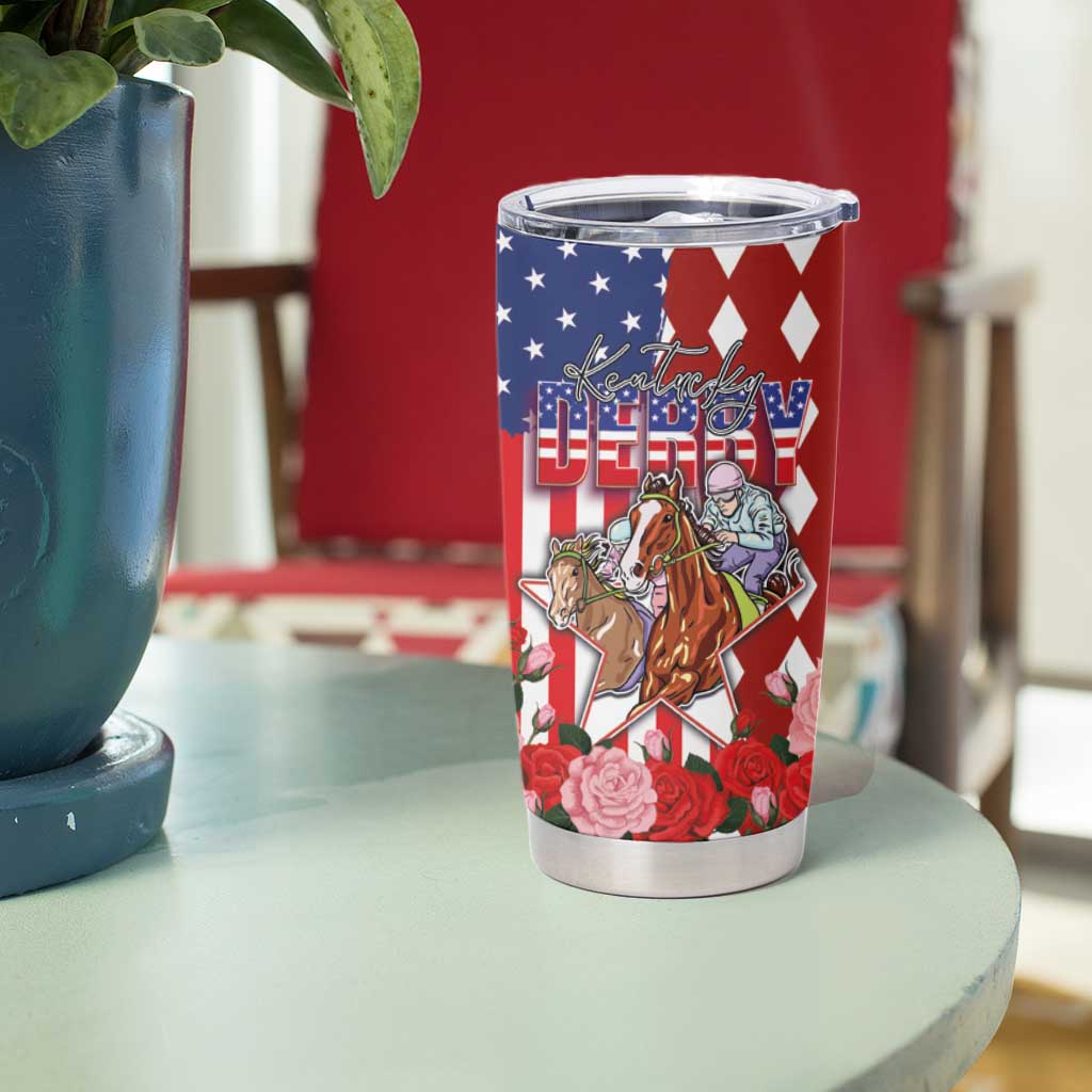 Kentucky Horses Racing Tumbler Cup US Flag Grunge and Diamond Pattern Red Color