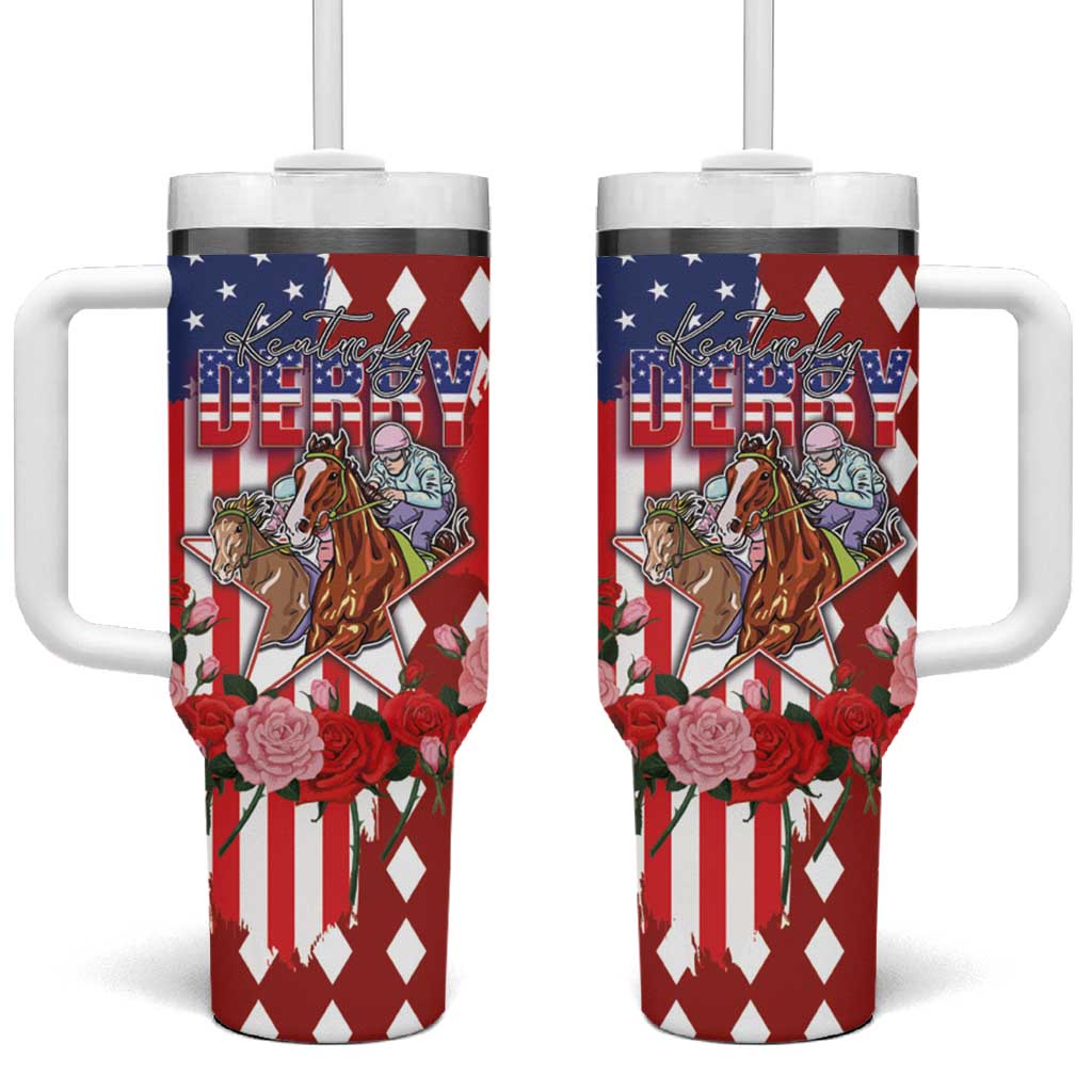 Kentucky Horses Racing Tumbler With Handle US Flag Grunge and Diamond Pattern Red Color