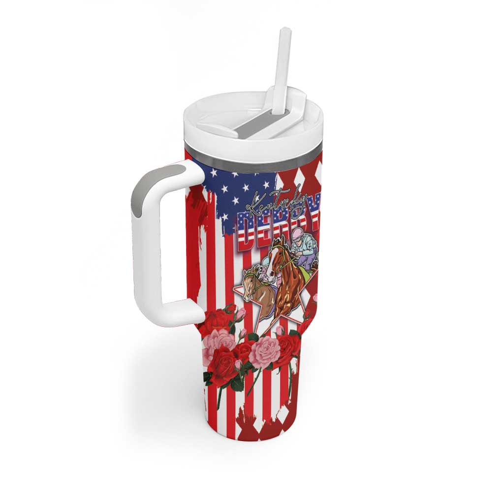 Kentucky Horses Racing Tumbler With Handle US Flag Grunge and Diamond Pattern Red Color