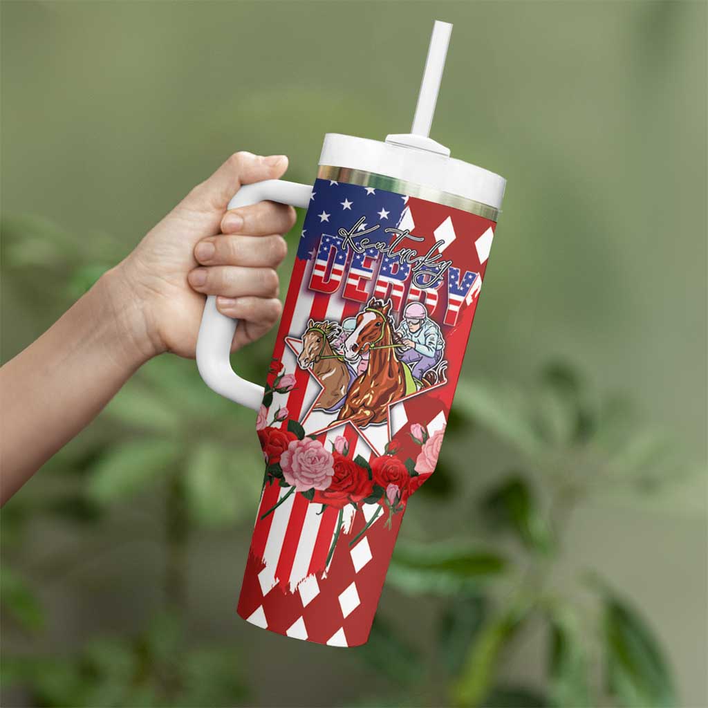 Kentucky Horses Racing Tumbler With Handle US Flag Grunge and Diamond Pattern Red Color