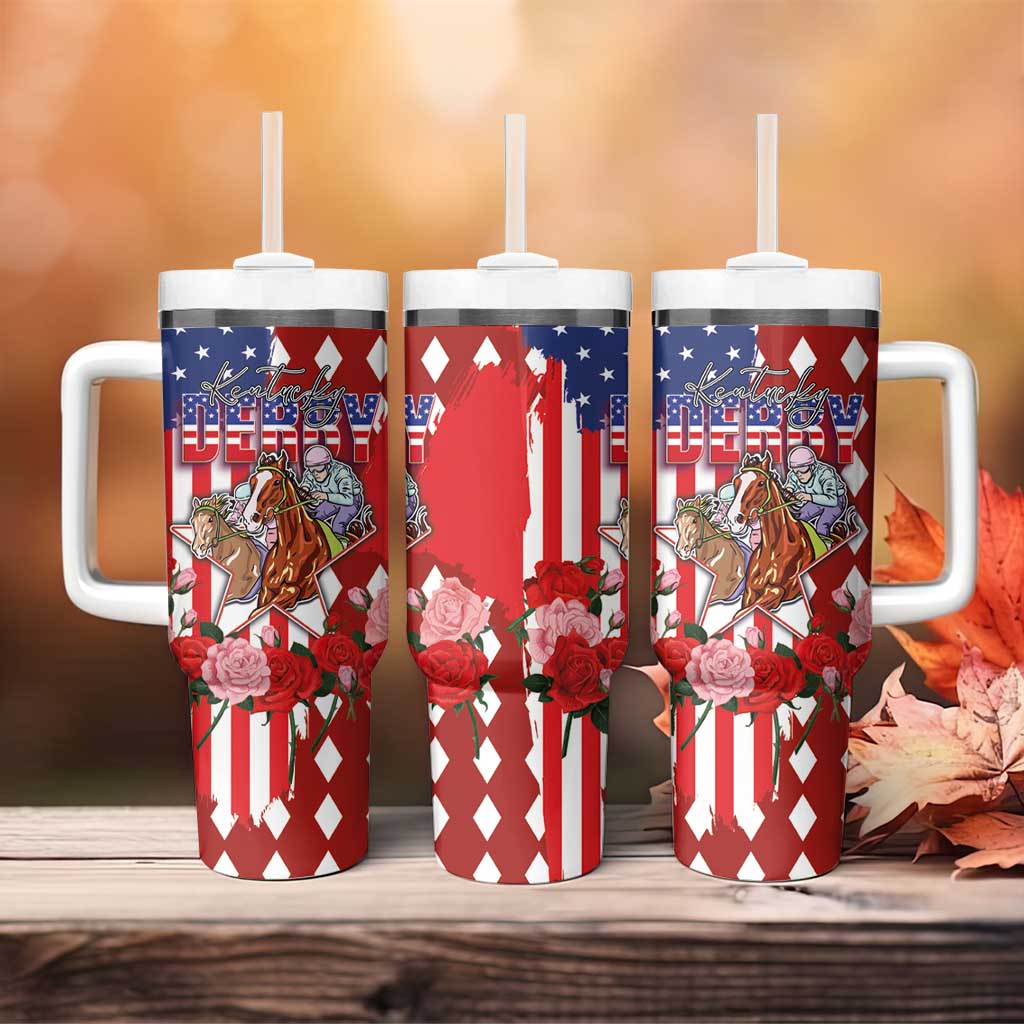 Kentucky Horses Racing Tumbler With Handle US Flag Grunge and Diamond Pattern Red Color