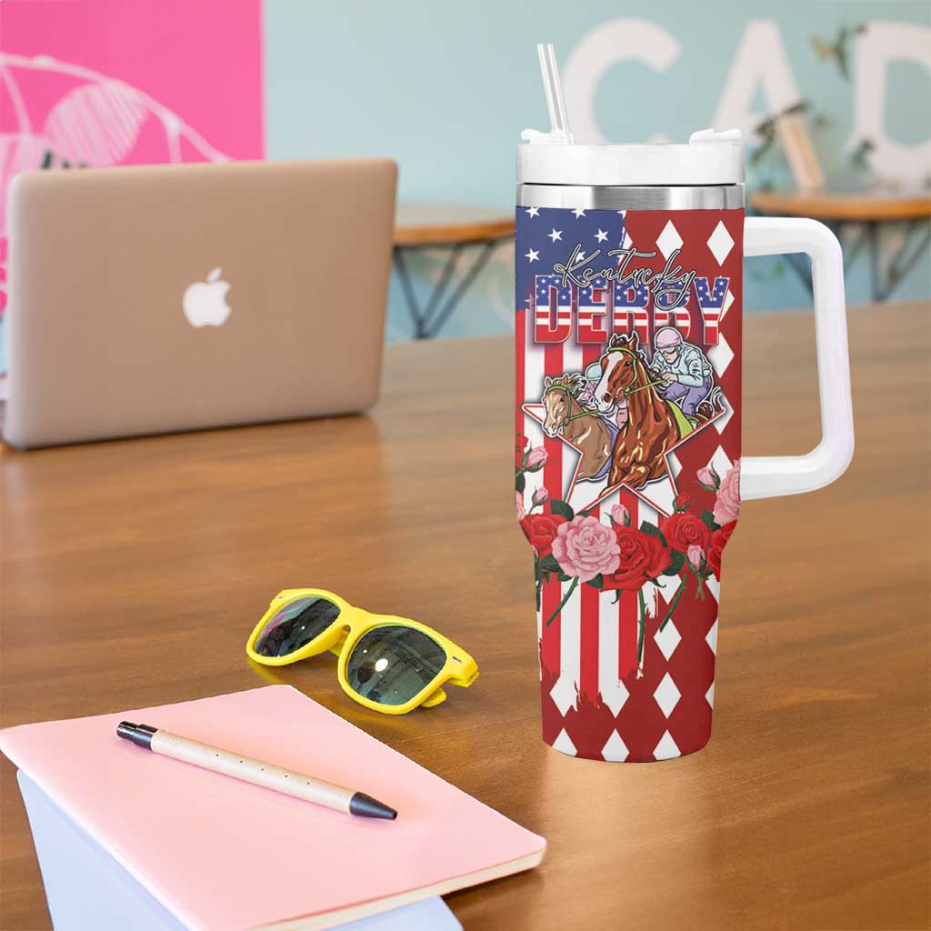 Kentucky Horses Racing Tumbler With Handle US Flag Grunge and Diamond Pattern Red Color