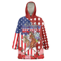 Kentucky Horses Racing Wearable Blanket Hoodie US Flag Grunge and Diamond Pattern Red Color