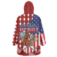 Kentucky Horses Racing Wearable Blanket Hoodie US Flag Grunge and Diamond Pattern Red Color