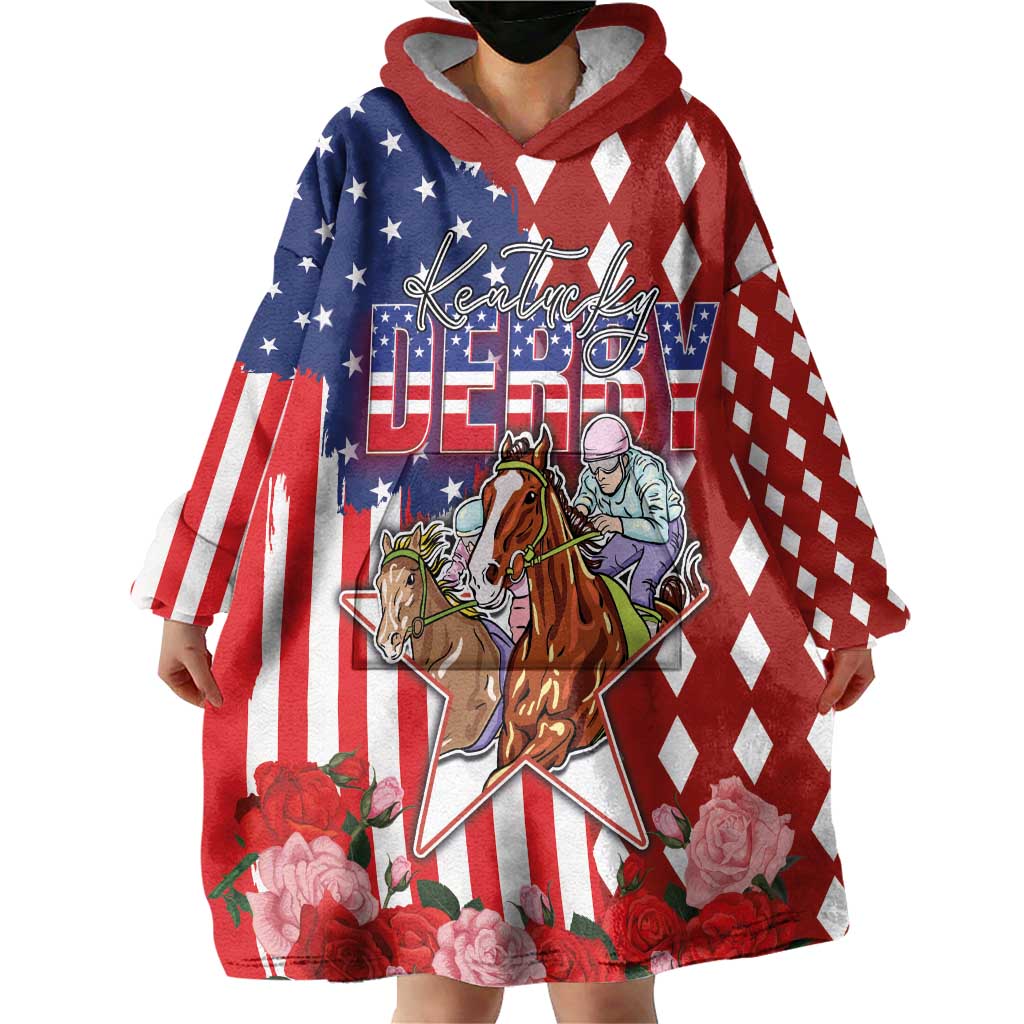 Kentucky Horses Racing Wearable Blanket Hoodie US Flag Grunge and Diamond Pattern Red Color