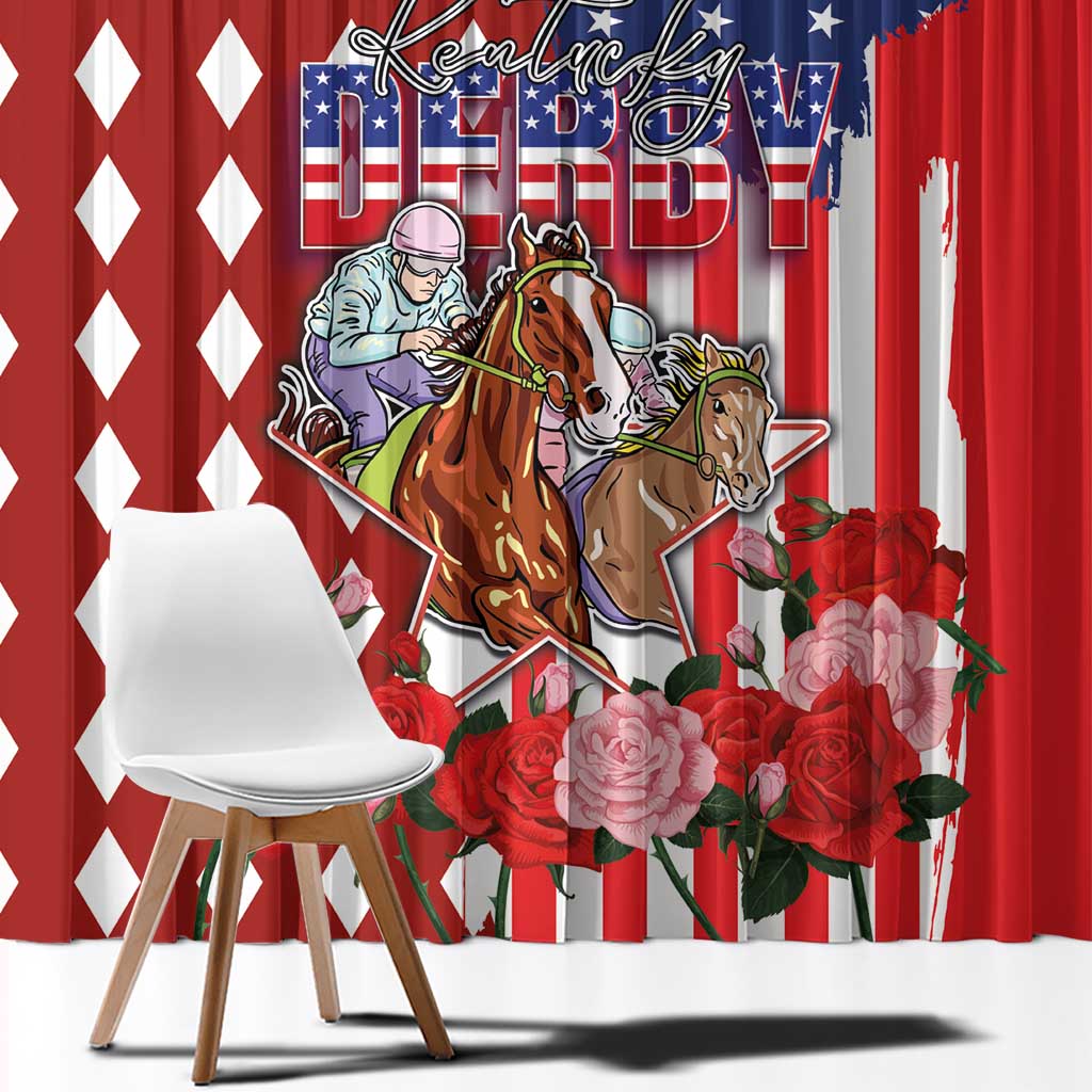 Kentucky Horses Racing Window Curtain US Flag Grunge and Diamond Pattern Red Color