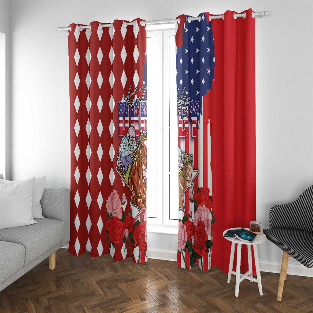 Kentucky Horses Racing Window Curtain US Flag Grunge and Diamond Pattern Red Color