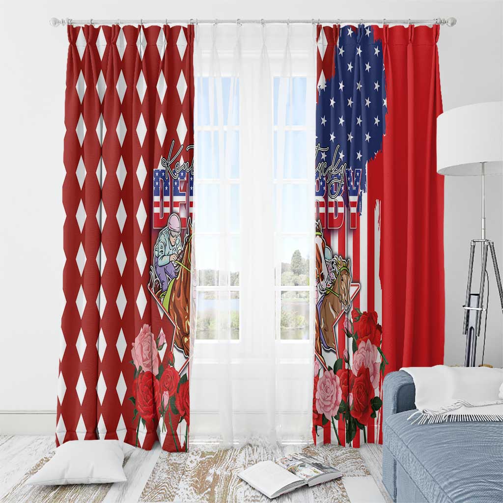 Kentucky Horses Racing Window Curtain US Flag Grunge and Diamond Pattern Red Color
