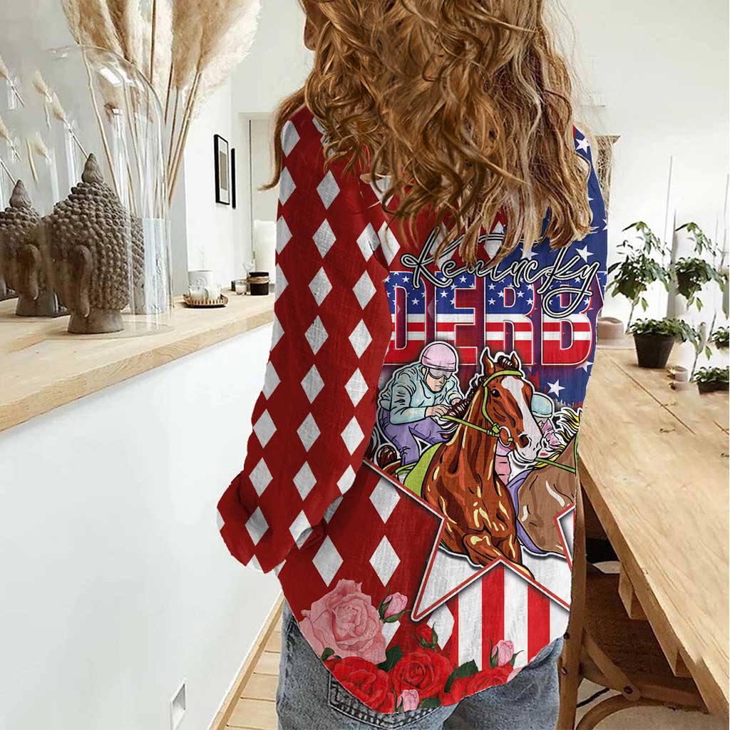 Kentucky Horses Racing Women Casual Shirt US Flag Grunge and Diamond Pattern Red Color