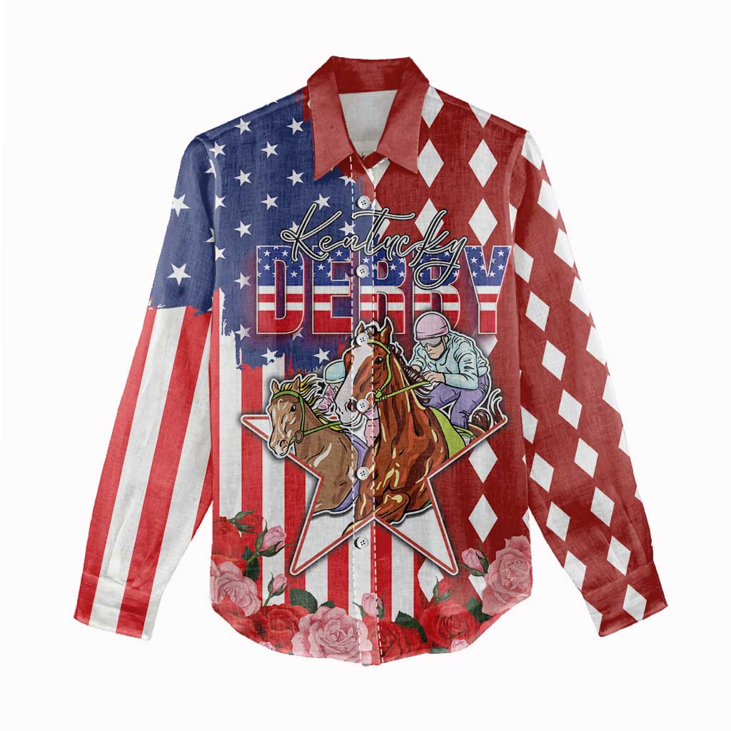 Kentucky Horses Racing Women Casual Shirt US Flag Grunge and Diamond Pattern Red Color