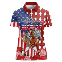 Kentucky Horses Racing Women Polo Shirt US Flag Grunge and Diamond Pattern Red Color