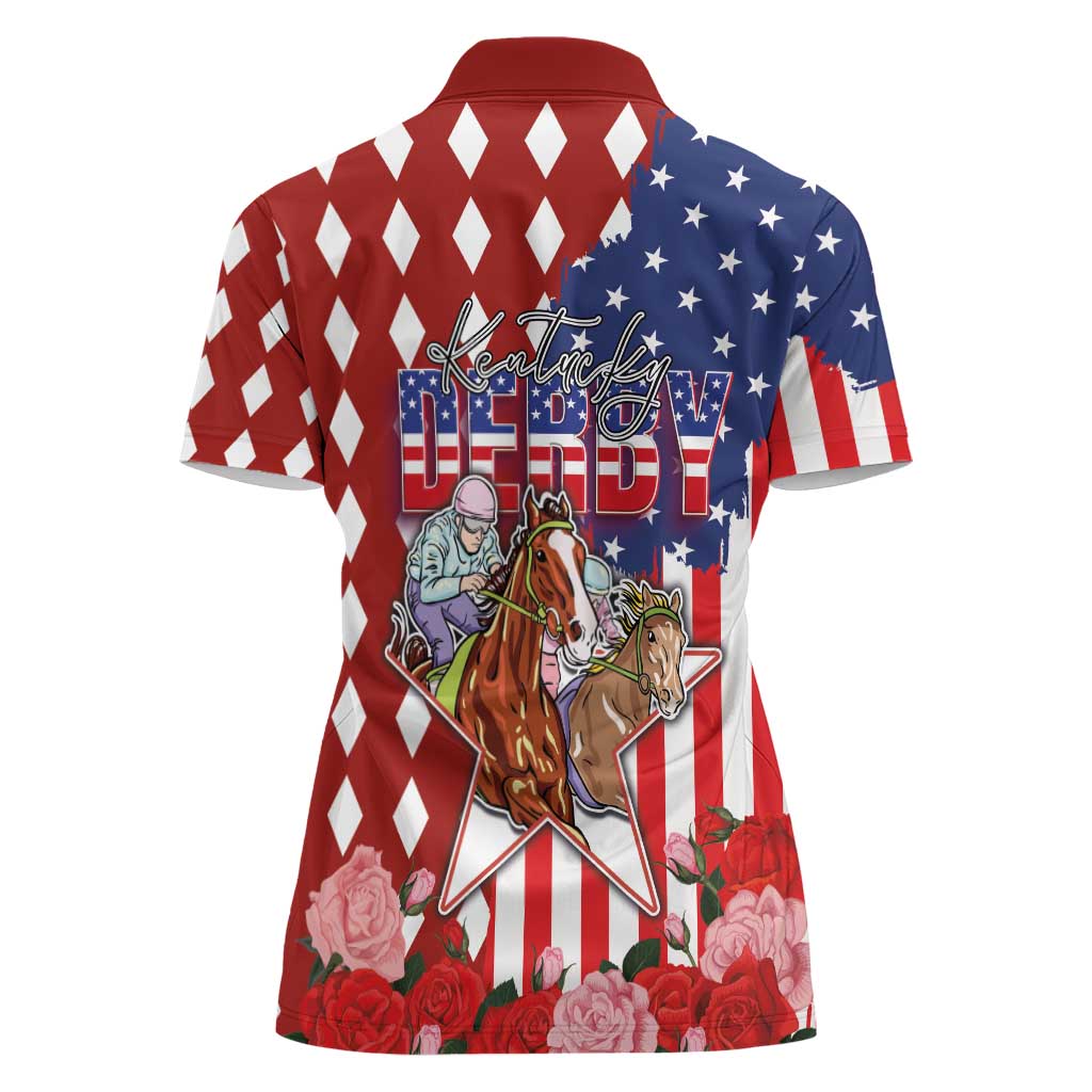 Kentucky Horses Racing Women Polo Shirt US Flag Grunge and Diamond Pattern Red Color