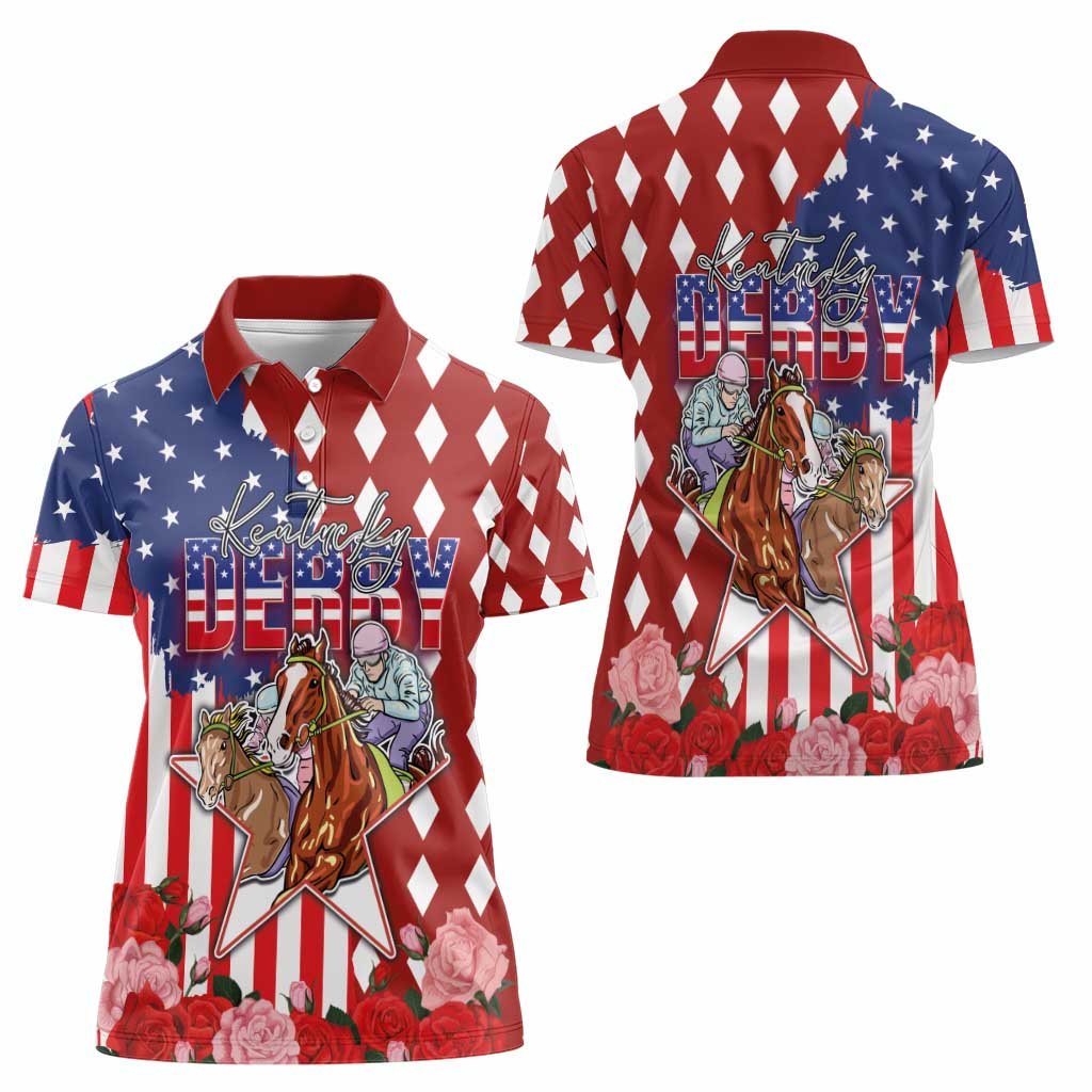 Kentucky Horses Racing Women Polo Shirt US Flag Grunge and Diamond Pattern Red Color